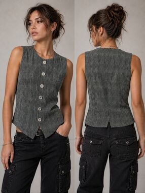 Portara Vintage Vest Pewter Unique Buttons Black Grey Crinkle Goth Punk Size 8